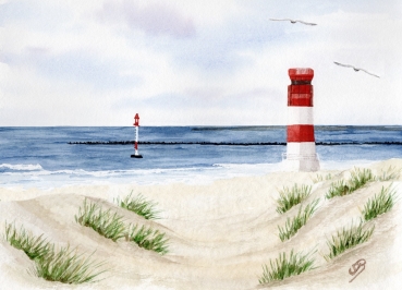 Poster DIN-A3 Aquarell Maritim Kunst Druck Kunstdruck Nordsee Insel Helgoland  Leuchtturm Strand Düne